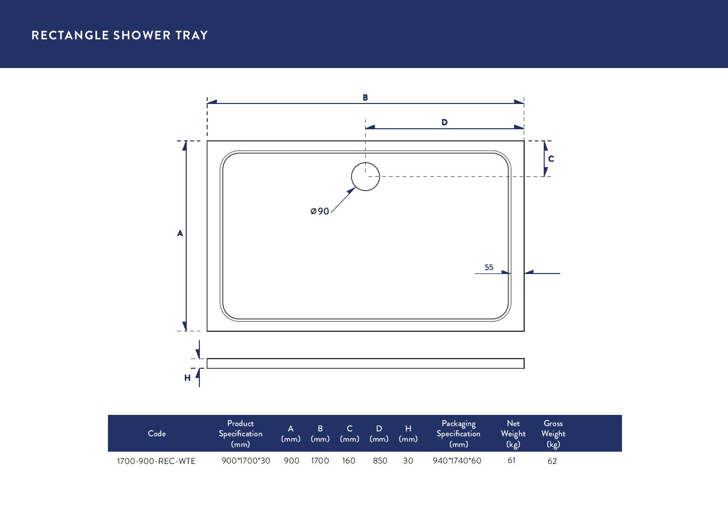 1700X900 Shower Tray