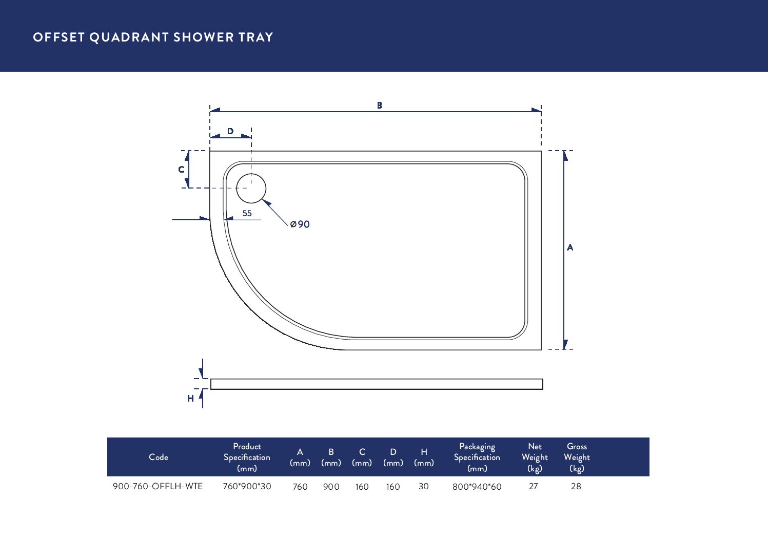 900X760 Offset Quadrant Tray (Left Hand)